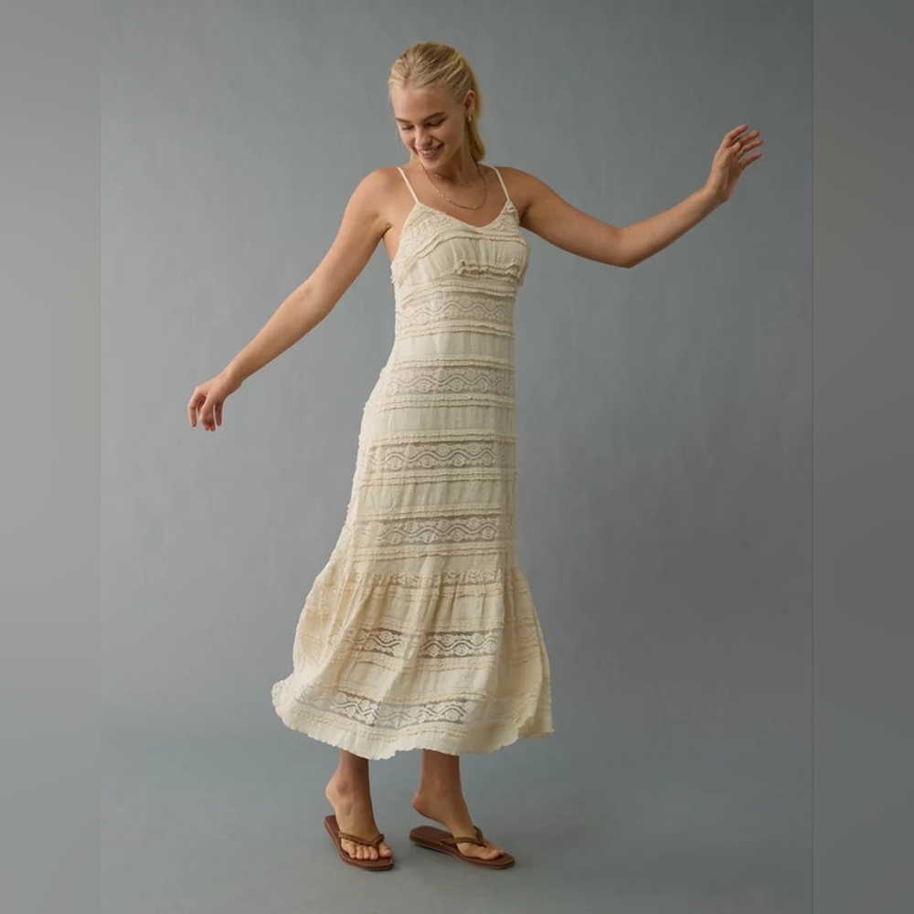 American Eagle Tiered Lace Midi Dress Graduation Maxi Off White Cream Ivory